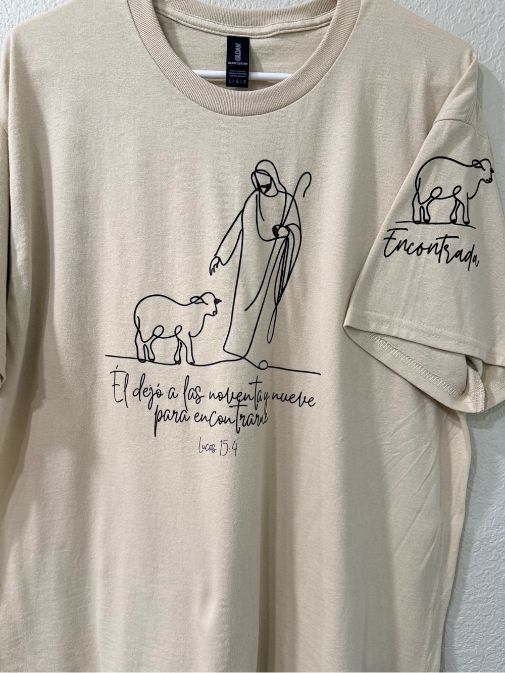 Minimalist Christian Line Art T-Shirt - Lucas 15:4 Cream Beige